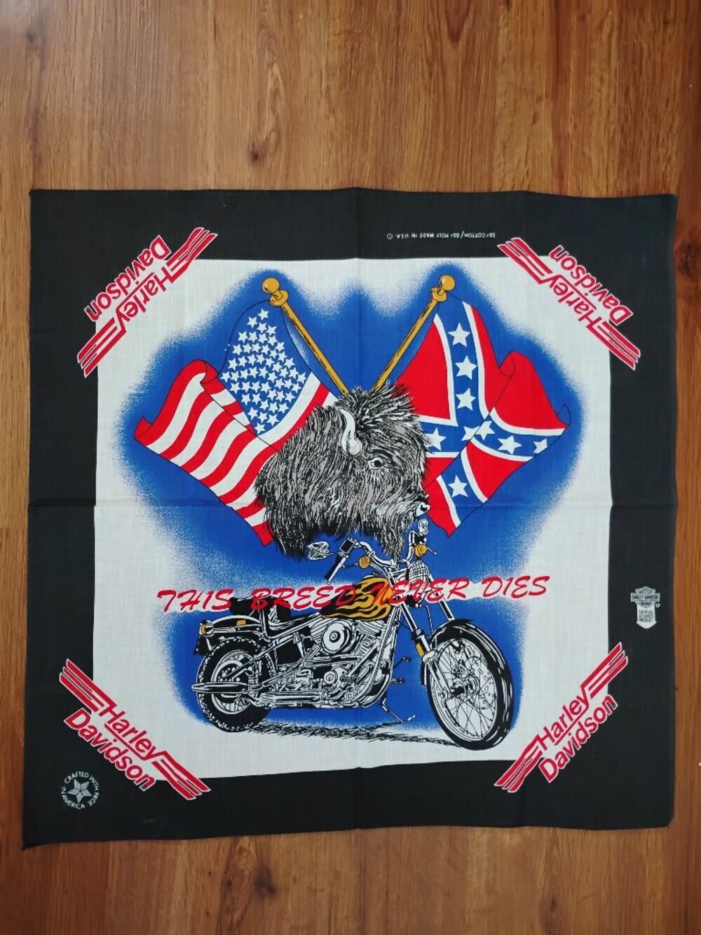 Deadstock Vintage Harley-Davidson This Breed Never Dies Bandana Pocket Square